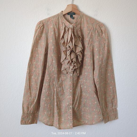 Ralph Lauren Button Up Womens L Top Country Cottagecore Boho Tan Floral Granny - Picture 5 of 8